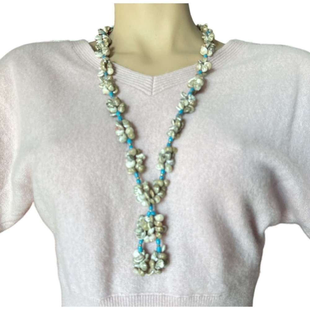 Lariat Seashell Snail Cluster Beads with Blue Bead Resin Spacer Necklace